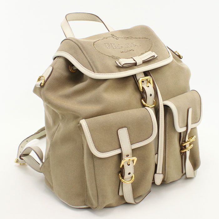 PRADA Backpack Logo jacquard Backpack canvas beige Women