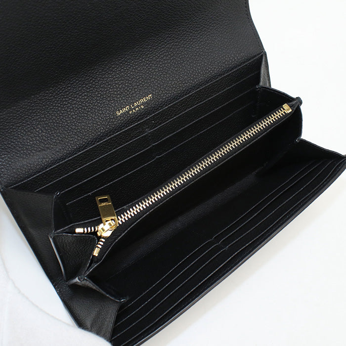 SAINT LAURENT 414567 Long wallet YSL line Large flap wallet leather black Women