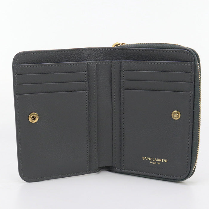 SAINT LAURENT SL89750 Bi-fold wallet tiny monogram Compact Zipper Wallet leather gray Women