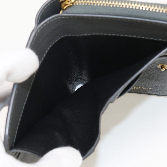 SAINT LAURENT SL89750 Bi-fold wallet tiny monogram Compact Zipper Wallet leather gray Women