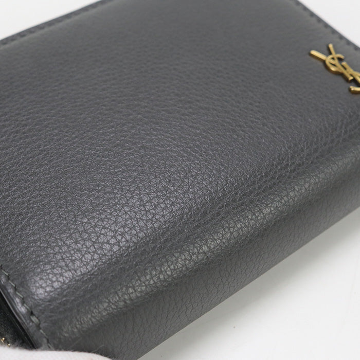 SAINT LAURENT SL89750 Bi-fold wallet tiny monogram Compact Zipper Wallet leather gray Women