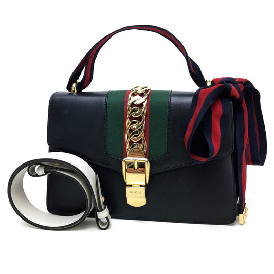 GUCCI Shoulder Bag 421882 leather black Sherry line Silvi Small Ribbon Women Used Authentic